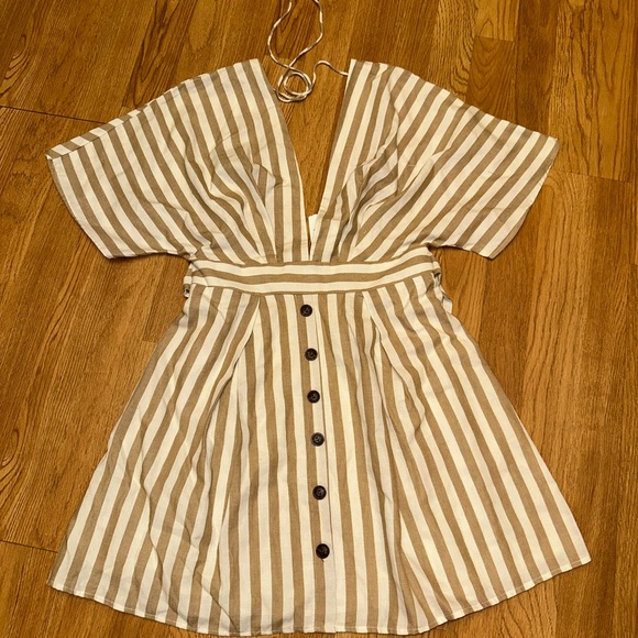 essue Dresses & Skirts - essue Beige and White Striped Mini Dress